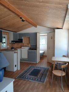 a kitchen with white appliances and a wooden ceiling at Sosnowa Polana in Lipinki