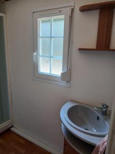 a bathroom with a sink and a window at Sosnowa Polana in Lipinki