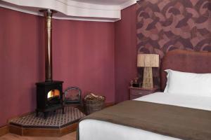 a bedroom with a bed and a wood stove at Sani Mountain Escape in Mokhotlong