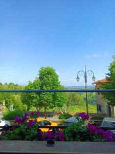 a window view of a parking lot with purple flowers at Tuscany Life in Terricciola