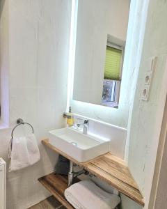 a bathroom with a sink and a mirror at Pension Bunz in Kelsterbach +8 photos