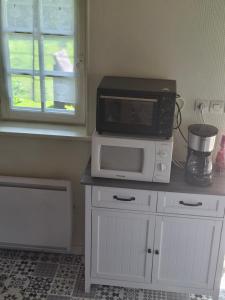 a microwave oven sitting on top of a counter at La Ferme aux Canards in Sassetot-le-Mauconduit