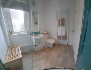 a bathroom with a shower and a toilet and a sink at Seaview Cottage, Drimnin in Drimnin +20 photos