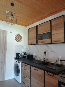 a kitchen with a sink and a washing machine at Lingo garden house in Nea Irakleia