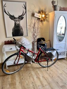 a red bike parked in a room with a picture of a deer at Goldener Hahn Ferienwohnungen Pool, Sauna & Frühstücksservice in Baiersbronn