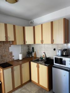 a kitchen with wooden cabinets and a white microwave at Apartman Tafra1 in Igalo +1 photo