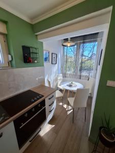 a kitchen and dining room with green walls and a table at Apartman Roko in Gospić +12 photos