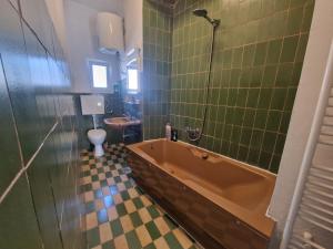 a bathroom with a tub and a toilet and green tiles at Ivory Apartment in Biograd na Moru +14 photos