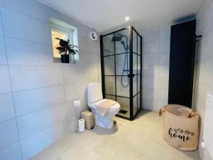 a bathroom with a toilet and a glass shower at 2 Modern guesthouses near The Beach in Falkenberg +20 photos