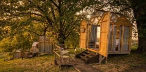 a group of wooden play houses in a field at Agriturismo Verdesole in Civitella San Paolo