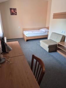 a room with a bed and a desk and a table at Hotel Na Jižní in Přerov