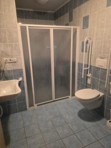 a bathroom with a shower and a toilet and a sink at Hotel Na Jižní in Přerov