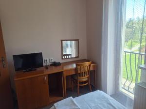 a bedroom with a desk with a television and a mirror at Hotel Na Jižní in Přerov