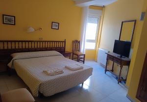 a bedroom with a bed and a tv and a mirror at Hostal Restaurante Yagual in Sahagún