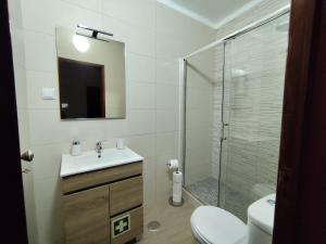 a bathroom with a toilet and a sink and a shower at Toca da Raposa in Estremoz +10 photos