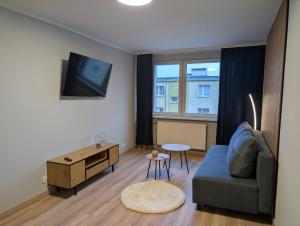 a living room with a couch and a tv and a table at Aparto 1 in Złotów