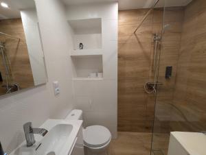 a bathroom with a shower and a toilet and a sink at Aparto 1 in Złotów