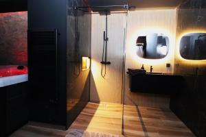 a bathroom with a shower and a sink in a plane at Le secret in Nîmes
