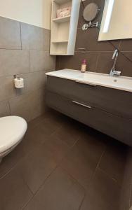 a bathroom with a sink and a toilet at Haus Waldesruh, 3 Ferienwohnungen in Hemfurth-Edersee