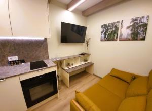 a living room with a couch and a flat screen tv at Ežiukų rojus in Neringa