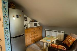 a small kitchen with a refrigerator and a table at Agroturystyka na Podlasiu Kraina Puszczyka-Puszczykówka Biebrza, Augustów in Pokośno