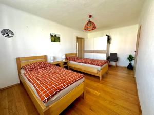 a bedroom with two beds and a desk and a chair at Apartmán Dolní Němčice in Dačice