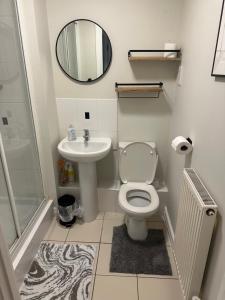 a bathroom with a toilet and a sink and a mirror at Beautiful 2 bed in Wycombe in High Wycombe