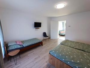 a bedroom with two beds and a flat screen tv at Bakony Kincse Vendégház in Jásd +39 photos