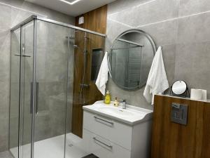 a bathroom with a shower and a sink and a mirror at Hello Tu Modlin in Zakroczym +47 photos