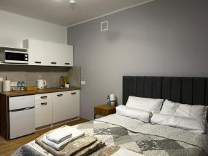 a bedroom with a bed and a kitchen with white cabinets at Hello Tu Modlin in Zakroczym