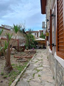 a stone sidewalk next to a building with a tree at Yükser Pansiyon in Side