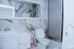 ein Badezimmer mit Toilette, Waschbecken und Spiegel in der Unterkunft Sinkor Palace Hotel in Monrovia