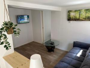 a living room with a couch and a glass table at Fewo Kleine Gasse, super Zentral, Privat Parkplatz, in Ruhla