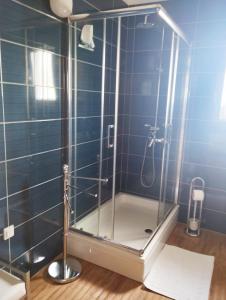a shower with a glass enclosure in a bathroom at Apartman Goga i Dragan in Drage +12 photos