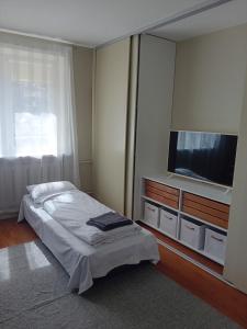 a bedroom with a bed and a flat screen tv at Grīvas apartamenti in Ogre