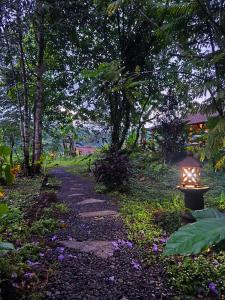 a pathway with a light in a garden at Tuka Cabins in Jatiluwih +20 photos