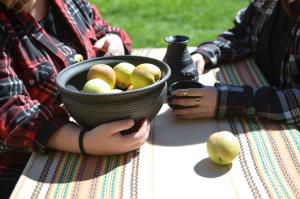 a person holding a bowl of apples on a table at Ksenia pansionat in Skhidnitsa