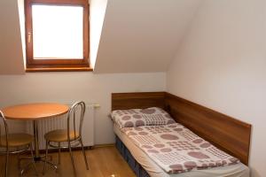 a small room with a bed and a table at Penzion Leona in Obecnice