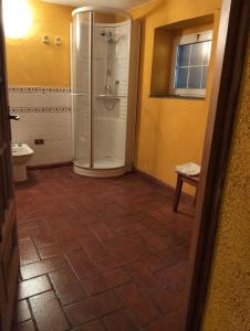 a bathroom with a shower and a toilet at Appartamento Gelsomino in Montale