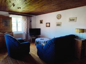 a living room with a couch and a tv at Rodinná chalupa in Zdíkov