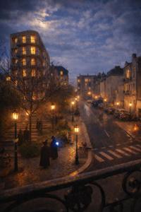 a city street at night with buildings and lights at La Maison de Traverse in Vichy