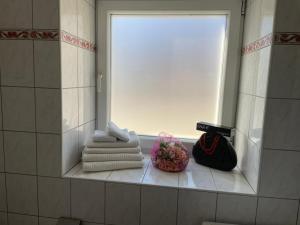 a bathroom with a mirror and towels on a shelf at Quartier am Fluss - CityNest in Innsbruck