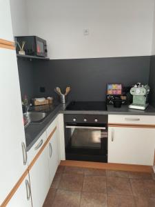 a kitchen with a stove and a sink at Quartier am Fluss - CityNest in Innsbruck