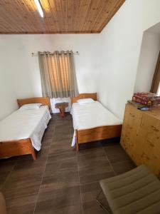 a room with two beds and a window at Petrovounos Villa in Prodromos