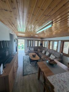 a living room with a couch and a table at Petrovounos Villa in Prodromos