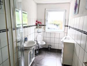 a bathroom with a toilet and a sink and a window at Ferienwohnung Eifeltraum in Masburg