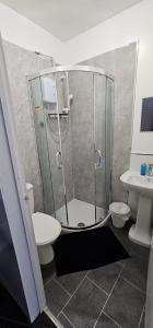 a bathroom with a shower and a toilet and a sink at Liv's place in Oldbury