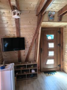 a living room with a flat screen tv in a log cabin at Vila Prevoja in Nova Varoš