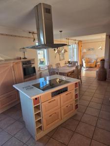 a kitchen with a sink and a stove at Ferienhaus mit Naturblick in Putbus