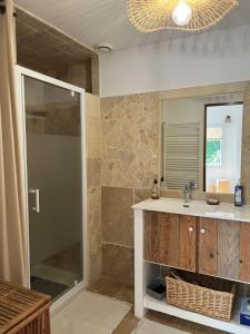 a bathroom with a shower and a sink and a mirror at La Clairière de l'Ange Havre de paix en Drôme des Collines in Peyrins +13 photos